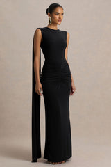 Premiere | Black Boat-Neck Maxi Dress With Open-Back And Cape-Sleeves