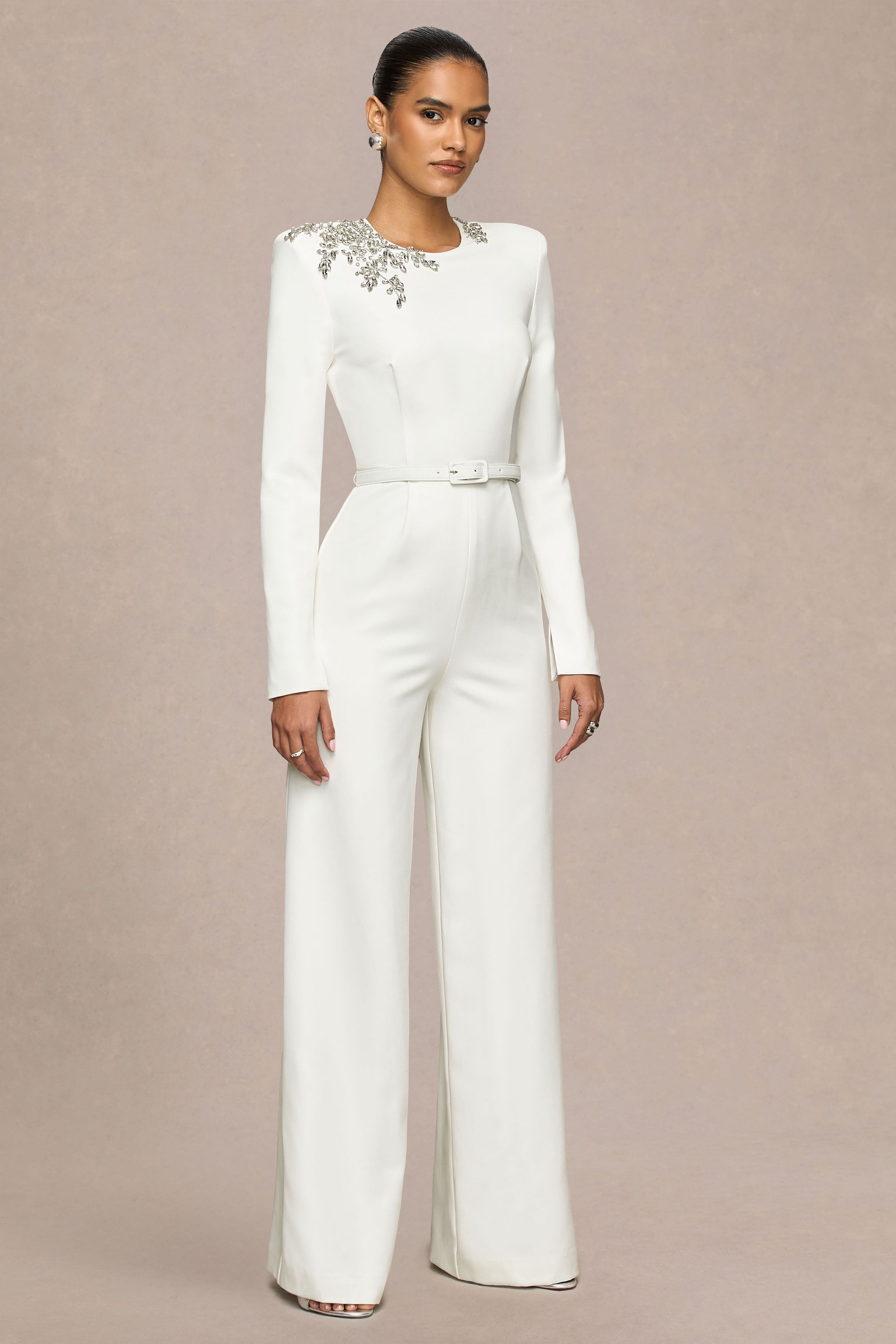 Prize | Cream Crew-Neck Jumpsuit With Embellishment Detail