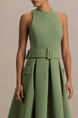Elisia | Olive Crew-Neck Belted Midi Dress