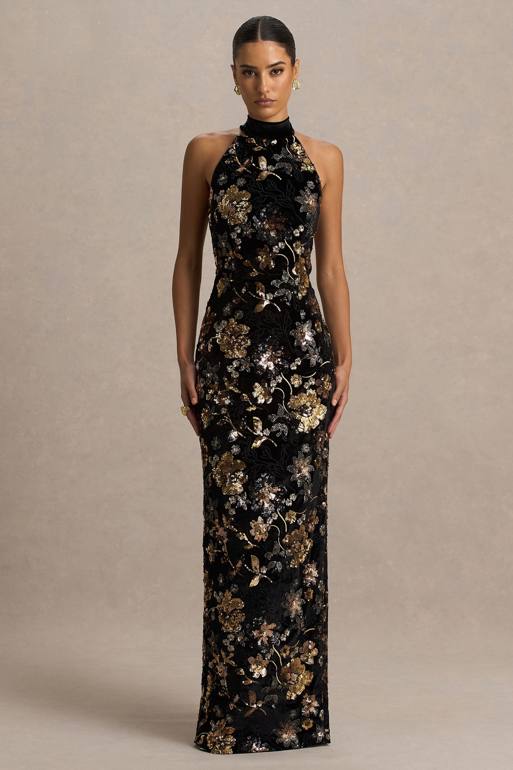 Tate | Black Velvet Halter-Neck Maxi Dress With Bronze Floral Sequin Embellishments