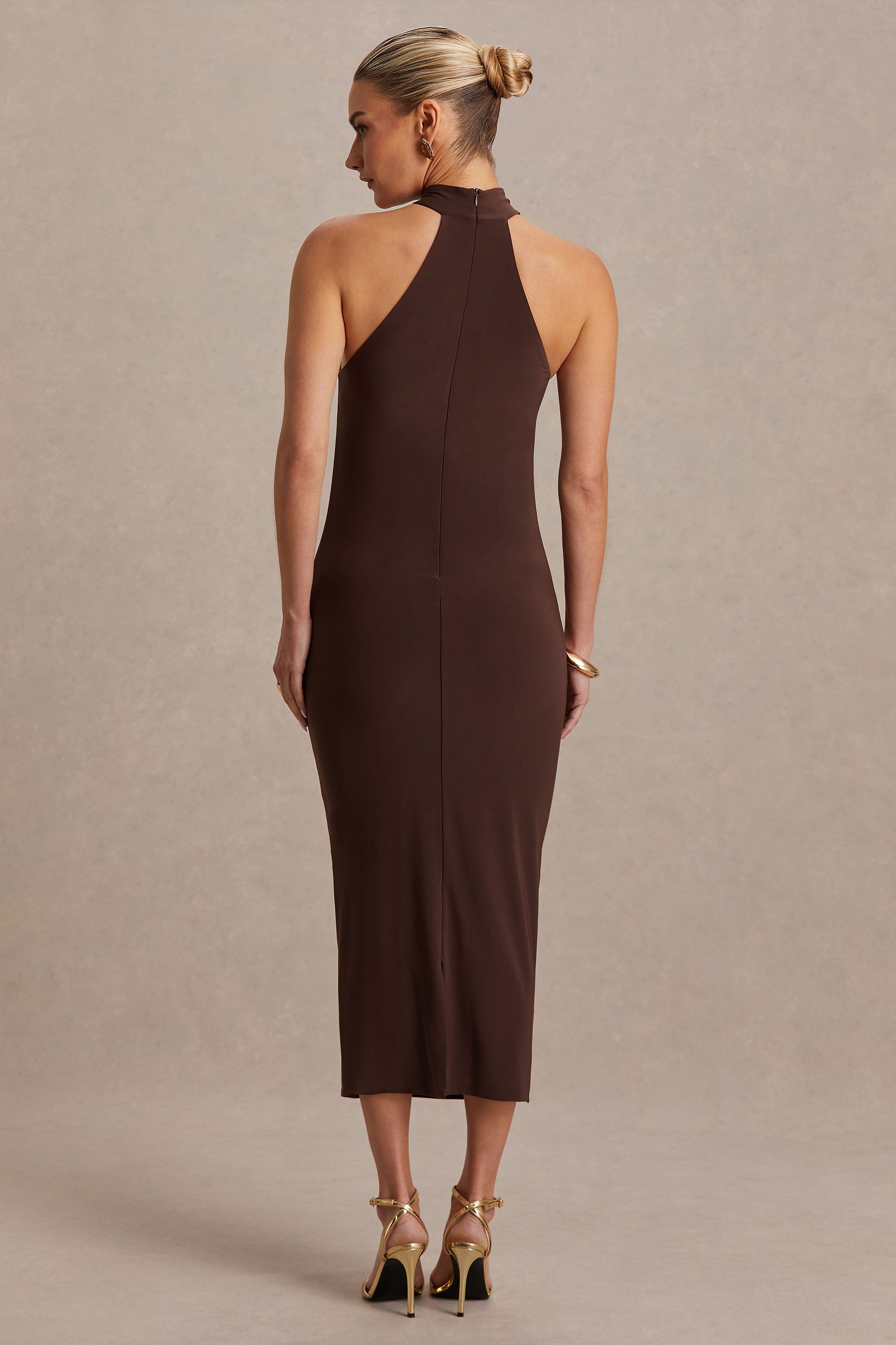 Mireille | Brown Halter-Neck Maternity Midi Dress