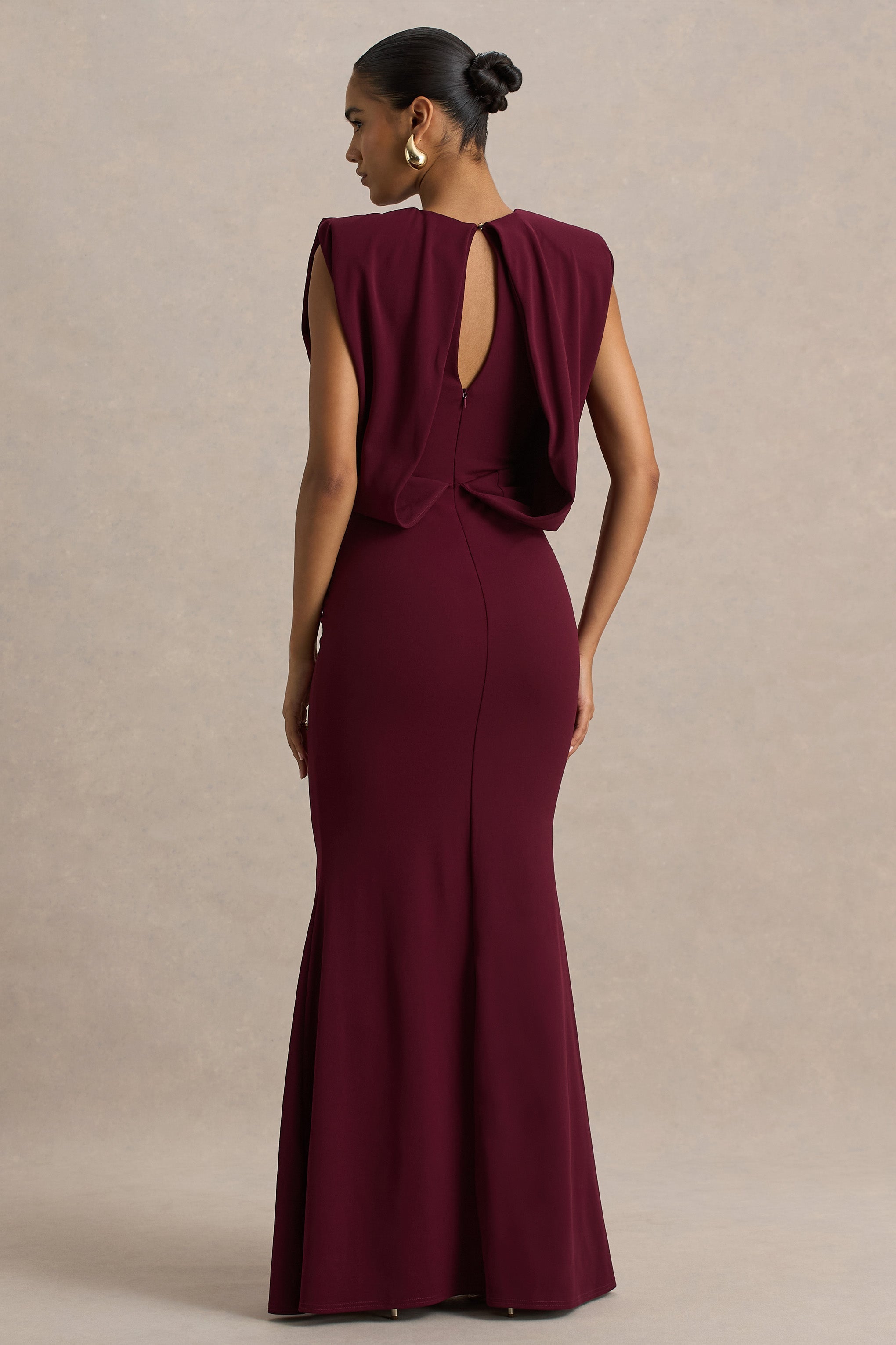 Meave | Burgundy Boat-Neck Maxi Dress With Draped Detail
