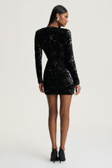 Ritz | Black Sequin Plunge-Neck Mini Dress With Long Sleeves
