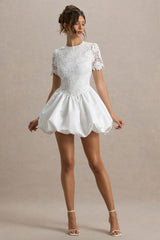 Taffy | White Lace Mini Dress With Satin Puffball Skirt