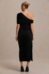 Zena | Black Velvet Asymmetric-Neck Maternity Midi Dress With Knot And Sash Detail