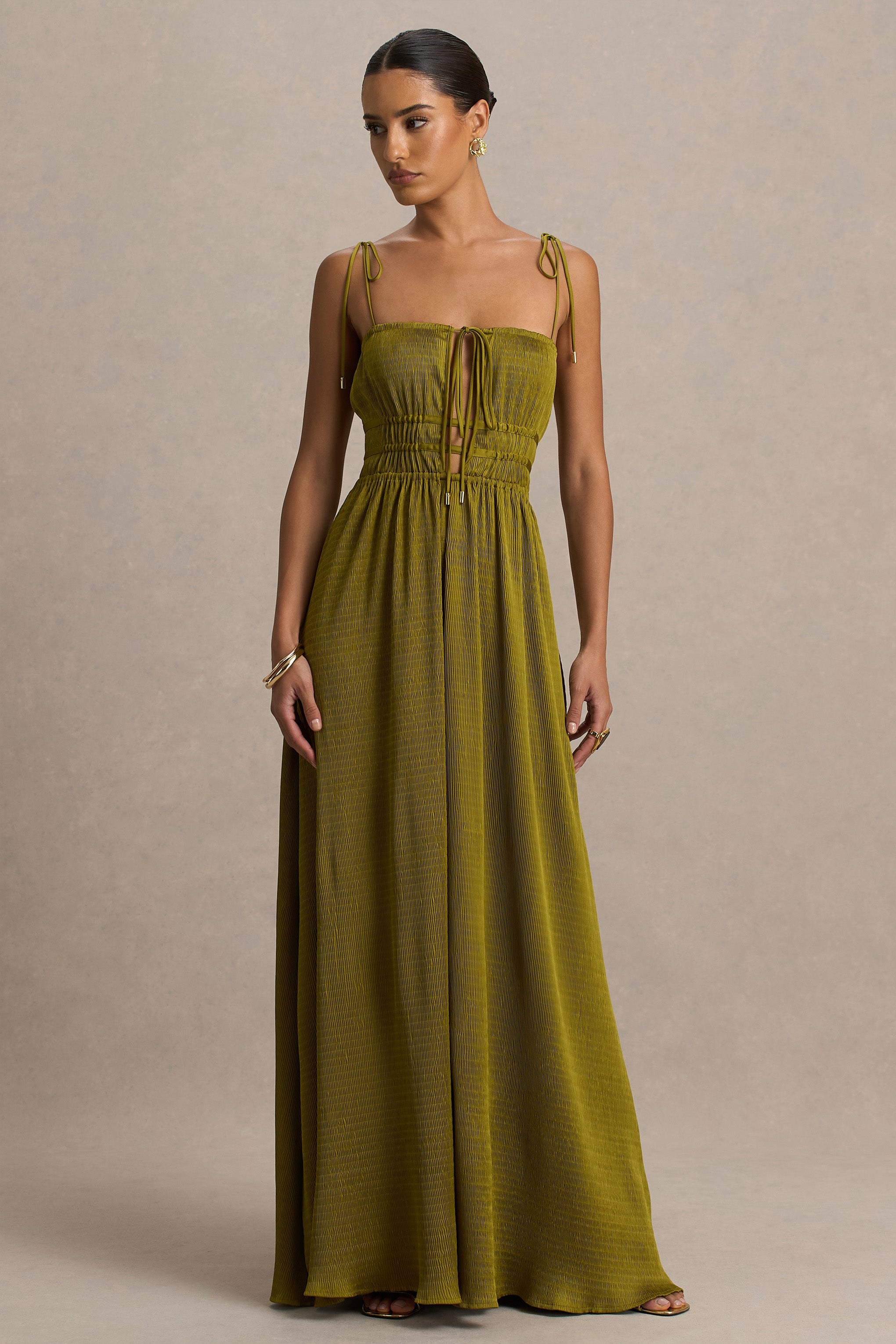 Azalea | Green Square-Neck Maxi Dress With Chest Cut-Out And Pleated Detailing