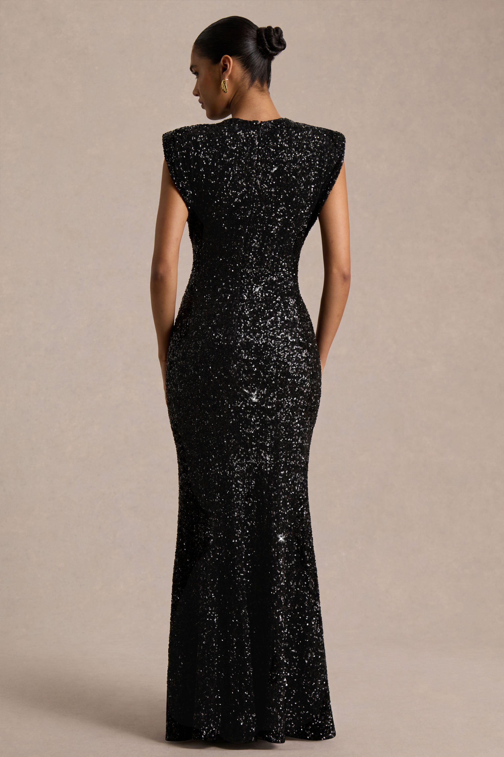 Aurah | Black Sequin Crew-Neck Maxi Dress With Cap Sleeves