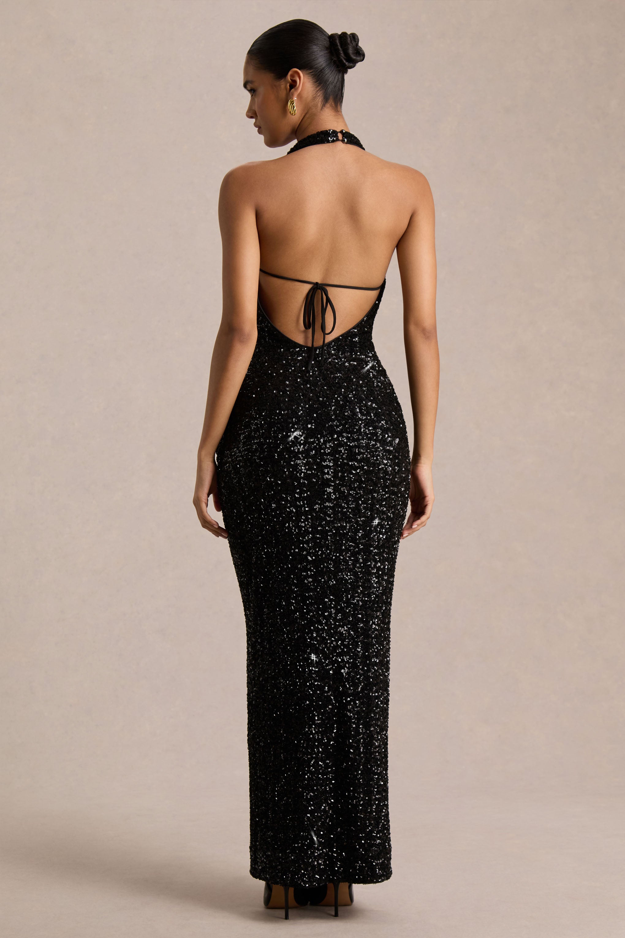 Gio | Black Sequin Plunge-Neck Wrap Maxi Dress With Ruched Detailing