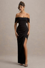 Annie | Black Satin Bardot Maxi Dress With Split Wrap Skirt
