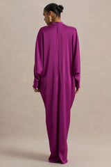 Tina | Pink Satin Plunge-Neck Embellished Maxi Dress