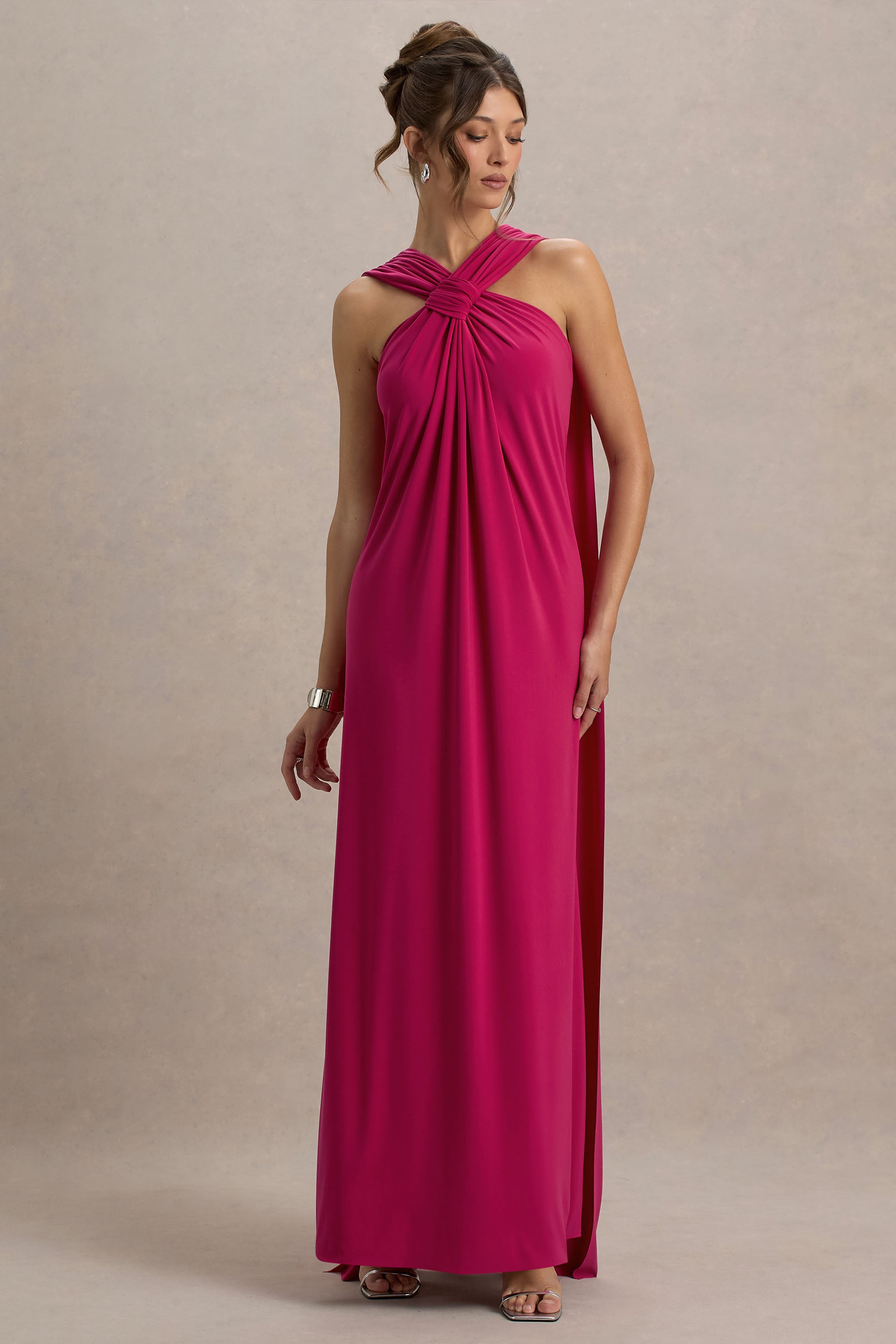 Ariana | Pink Cross-Neck Maxi Dress With Cape