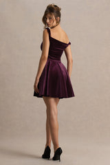 Leticia | Burgundy Velvet Asymmetric-Neck Velvet Mini Dress With Twist-Sleeve