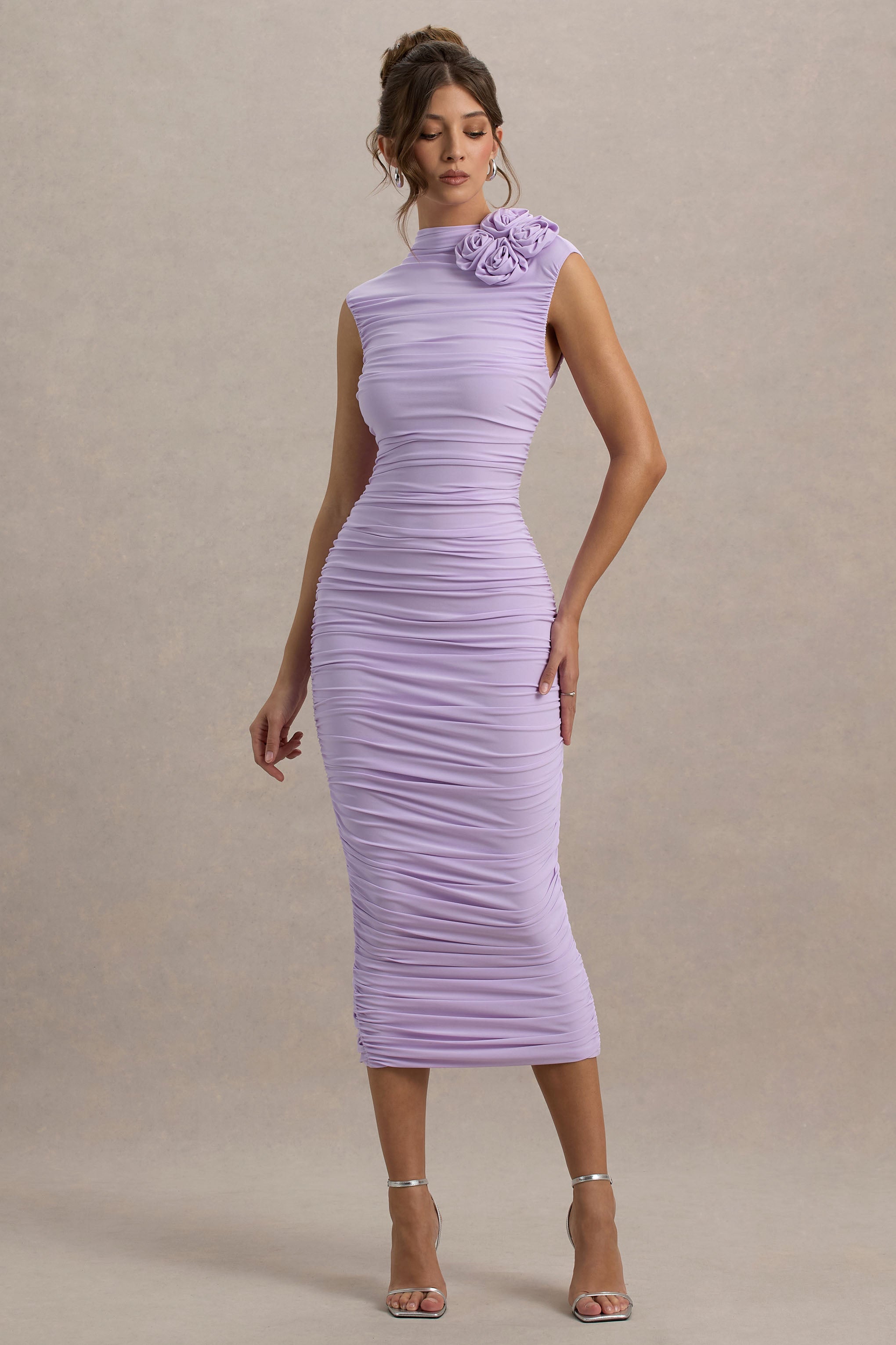 Bridget | Lilac High-Neck Gathered Midi Dress With Floral Detail