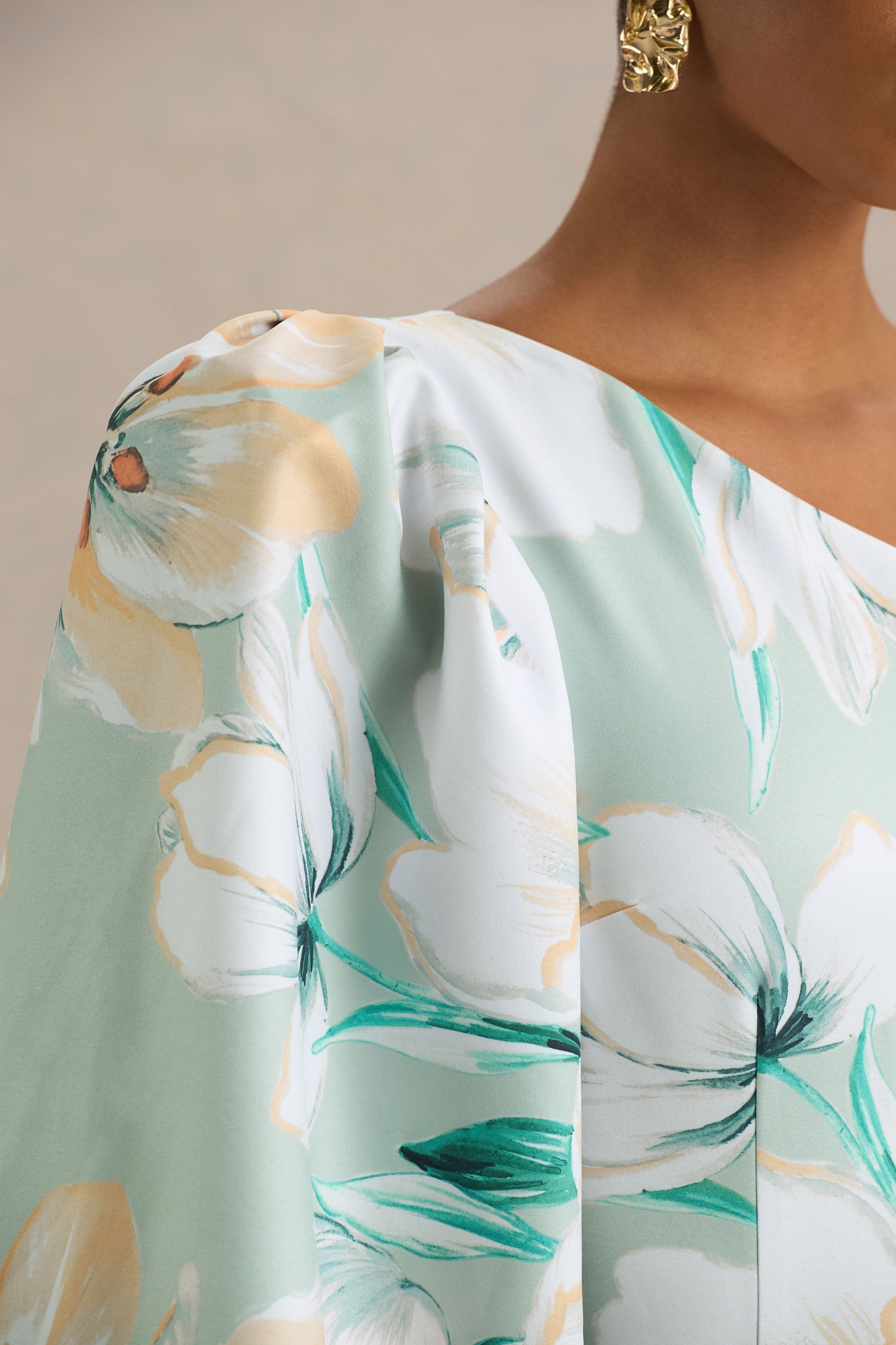 Kellis | Green Floral Print Asymmetric Maxi Dress With Balloon Sleeve