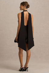 Geneve | Black Halter-Neck Mini Dress With Ruffled Trim