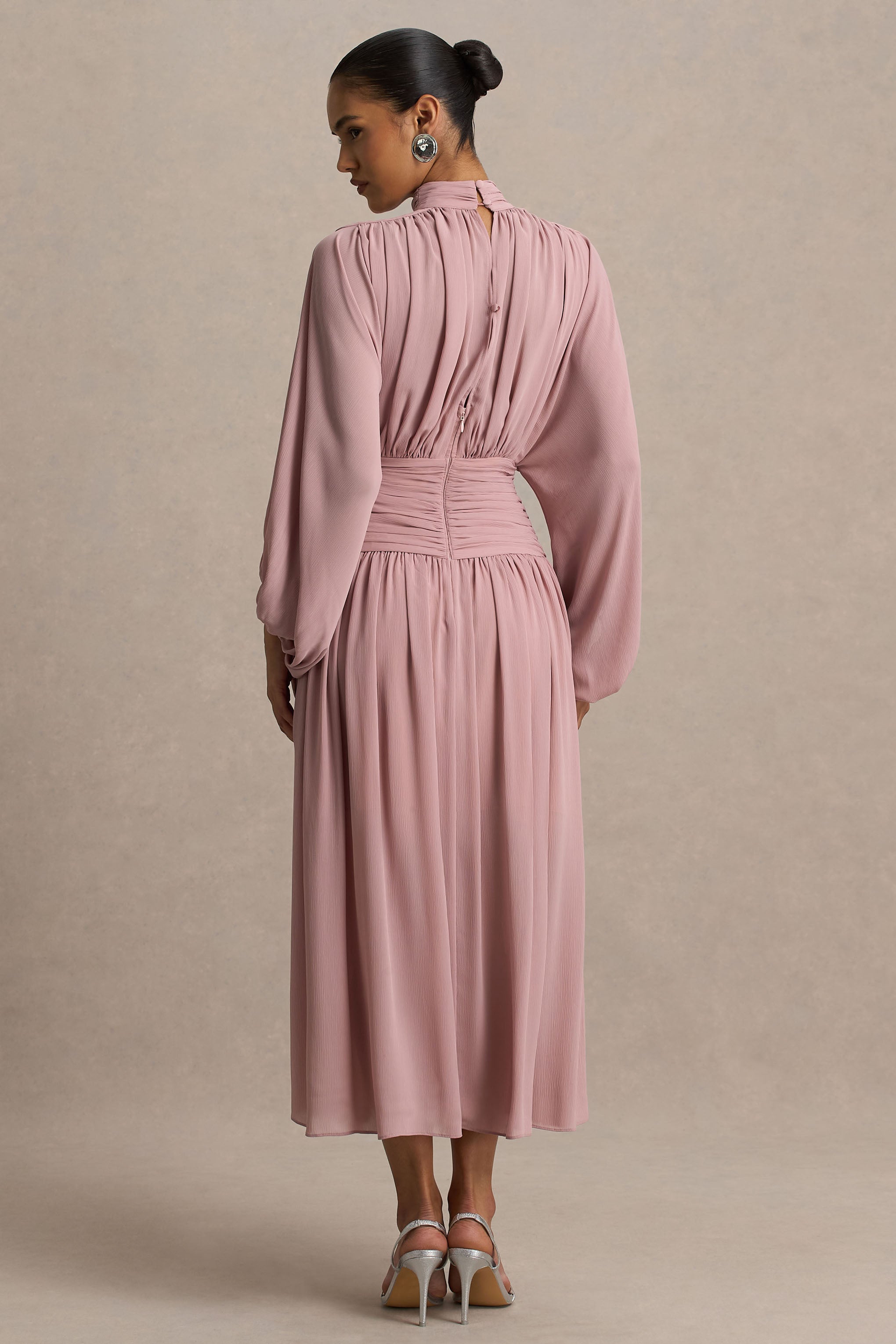 Annabel | Dusty Pink High-Neck Midi Dress With Drop-Waist And Pleated Detailing
