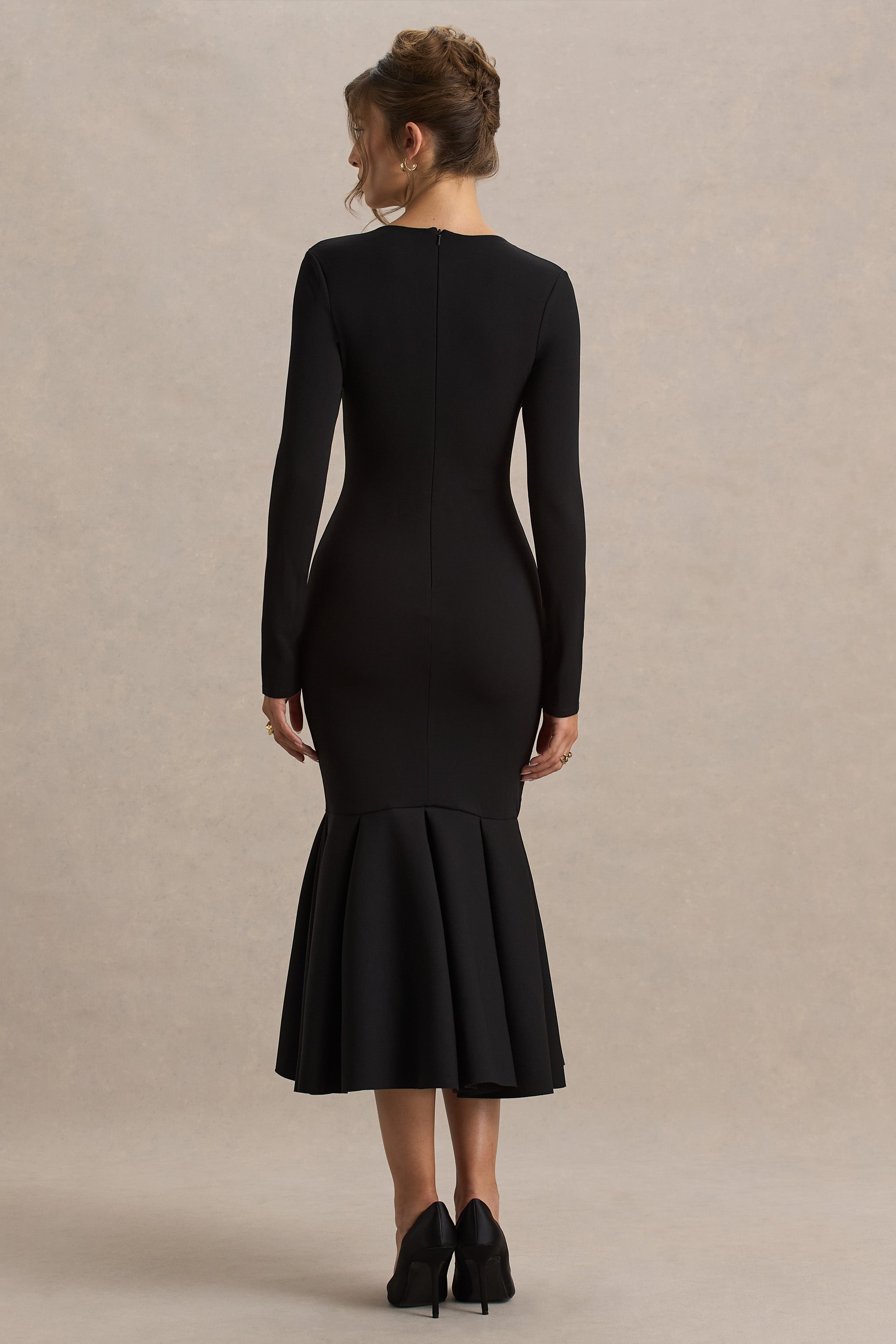 Liberty | Black High Neck Mermaid Midi Dress With Ruffling Detail