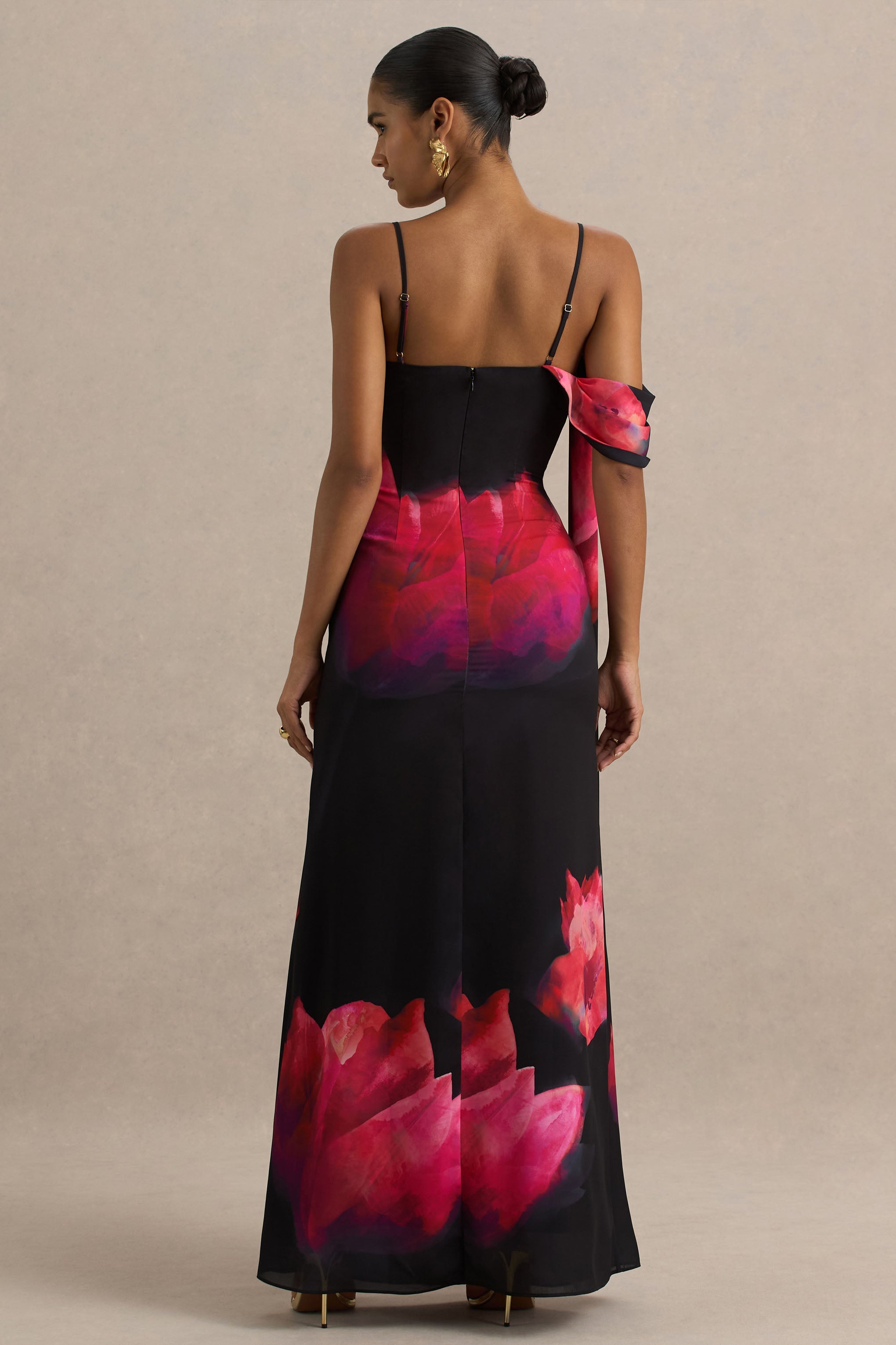 Leonara | Black And Pink Floral Print Cowl-Neck Maxi Dress With One-Sleeve
