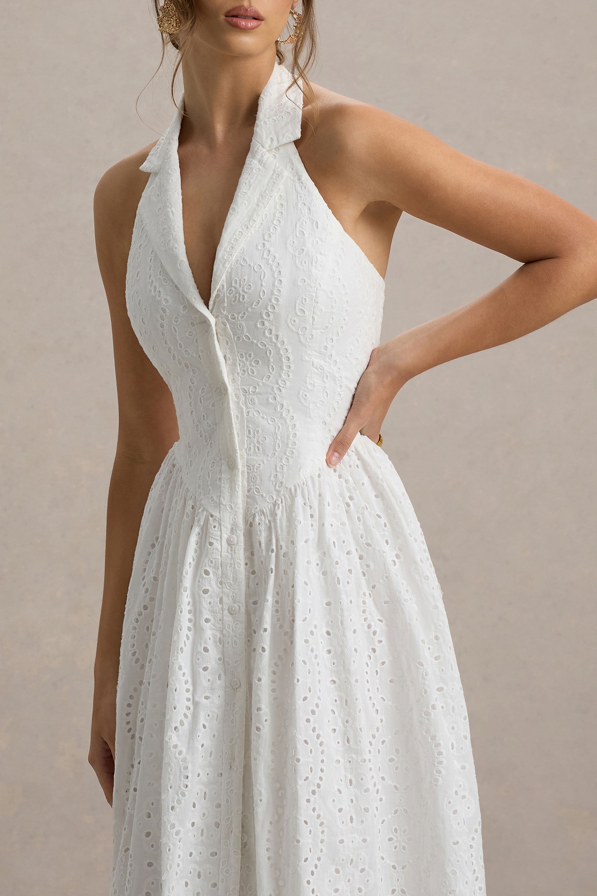 Jezebel | White Lace Plunge-Neck Collared Midi Dress