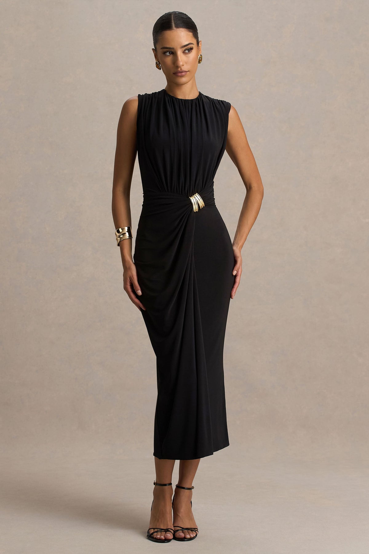 Harlow | Black Crew-Neck Wrapped Midi Dress