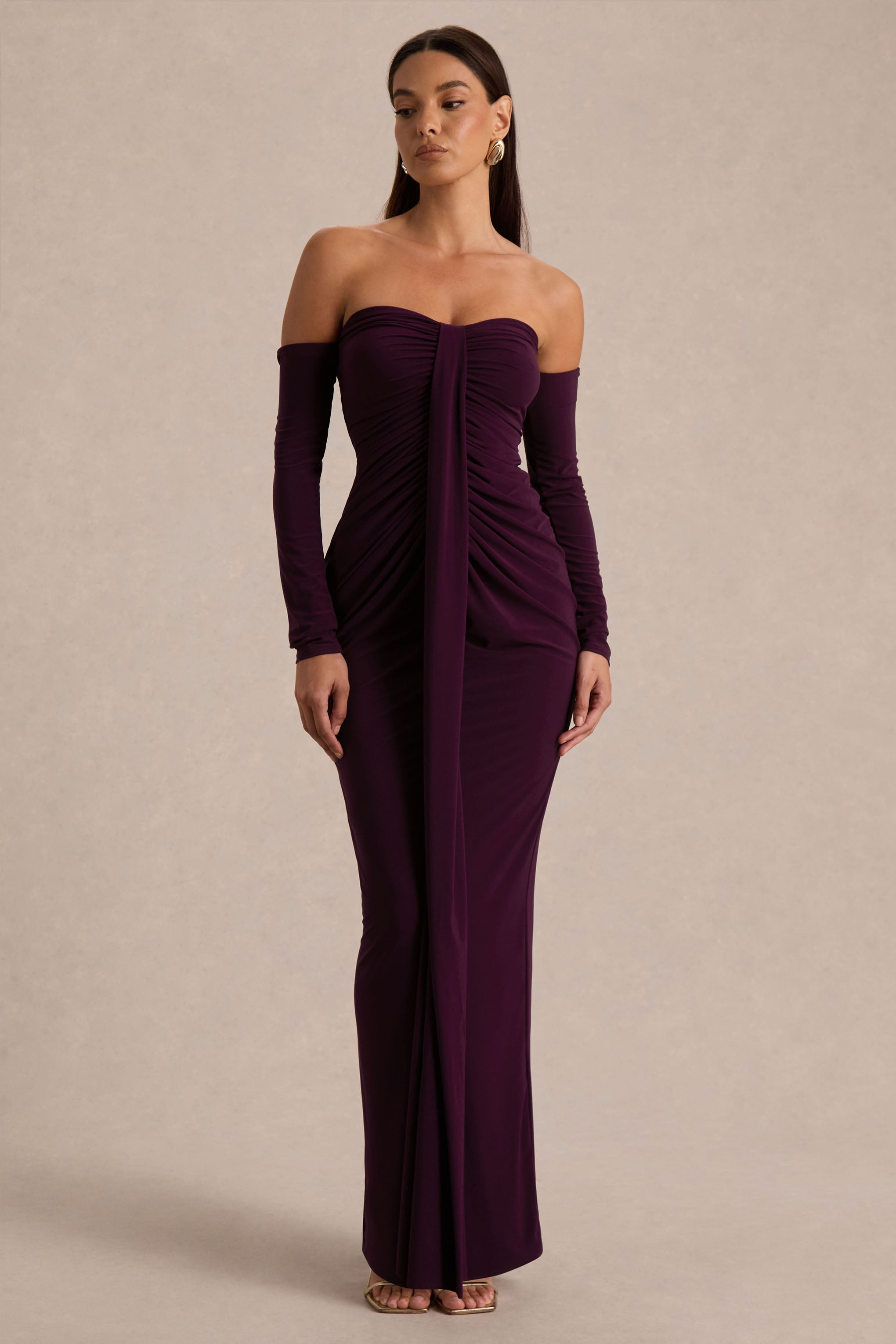Harper | Plum Bardot-Neck Maxi Dress
