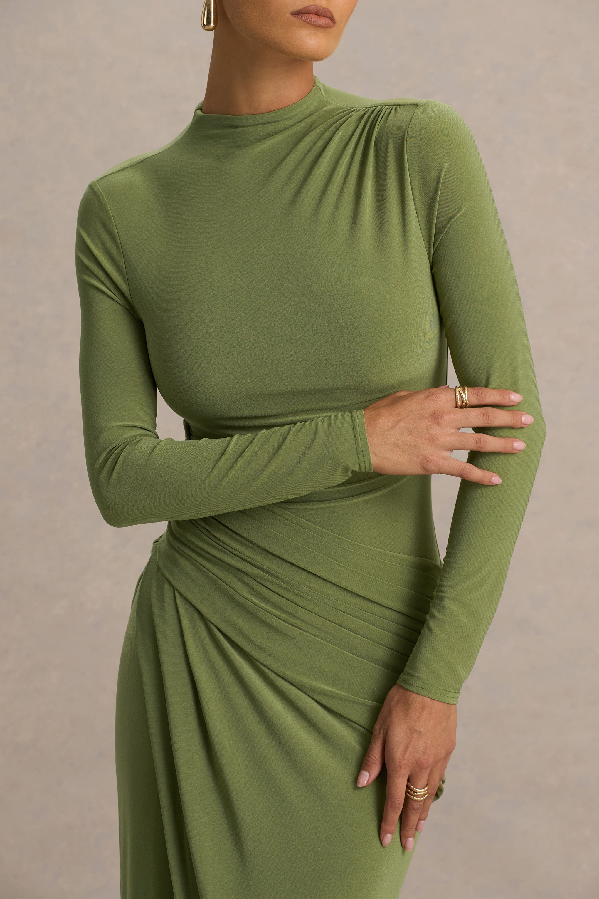 Zephyra | Olive High-Neck Wrapped Maxi Dress
