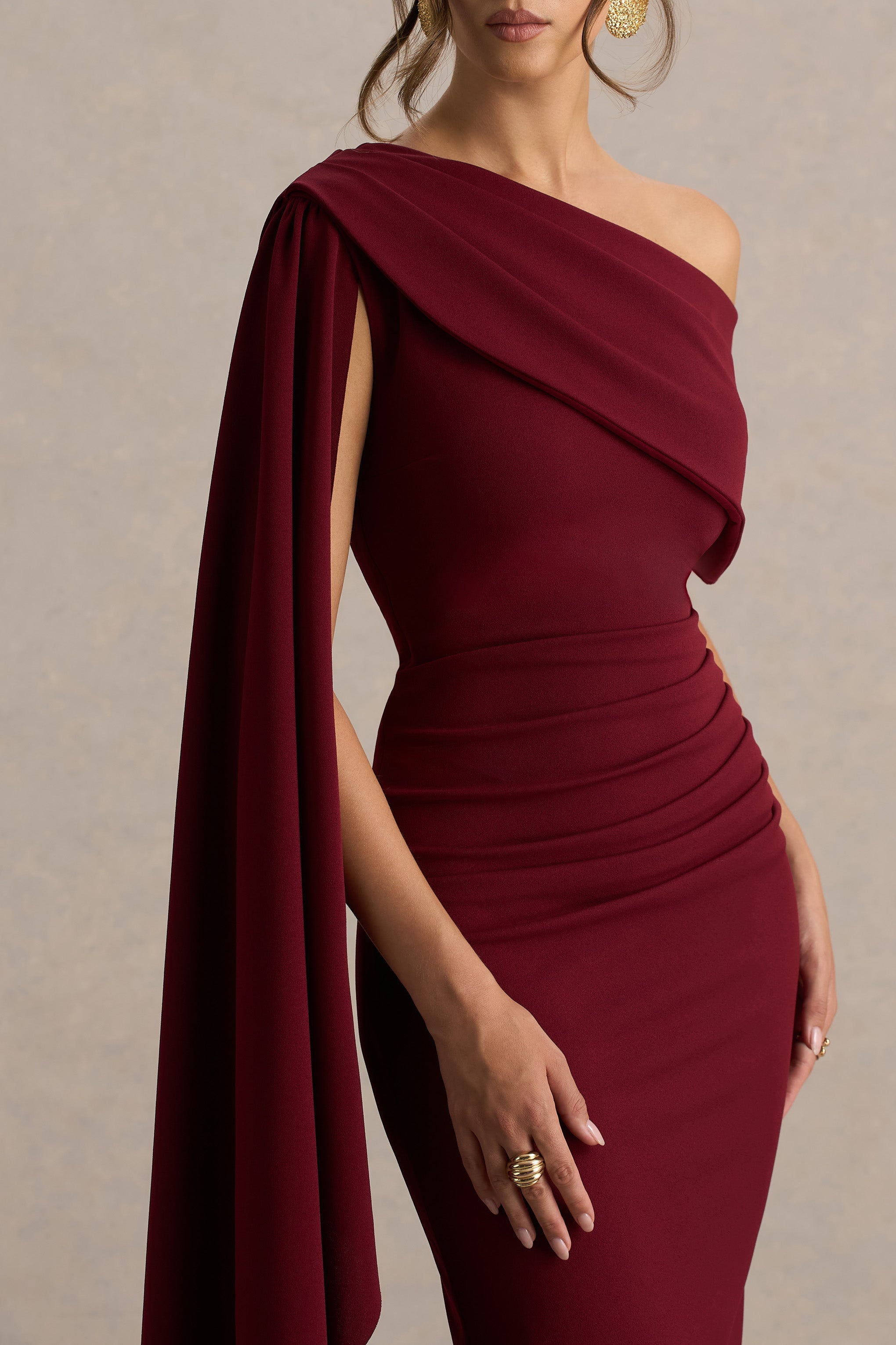 Leah | Burgundy Asymmetric-Neck Midi Dress With Cape-Sleeve