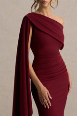 Leah | Burgundy Asymmetric-Neck Midi Dress With Cape-Sleeve