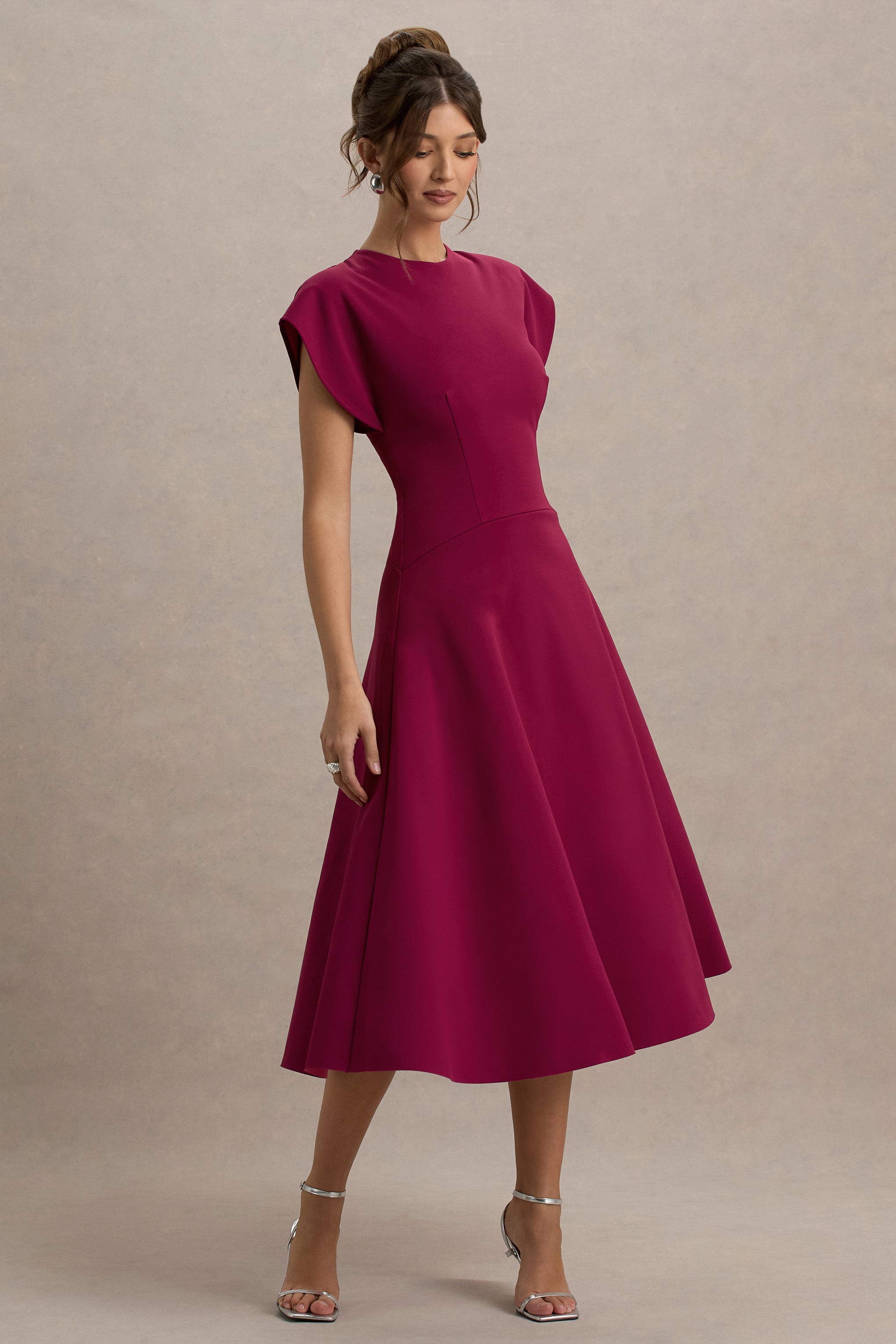 Linda | Dark Cherry Crew-Neck Cap-Sleeve Midi Dress