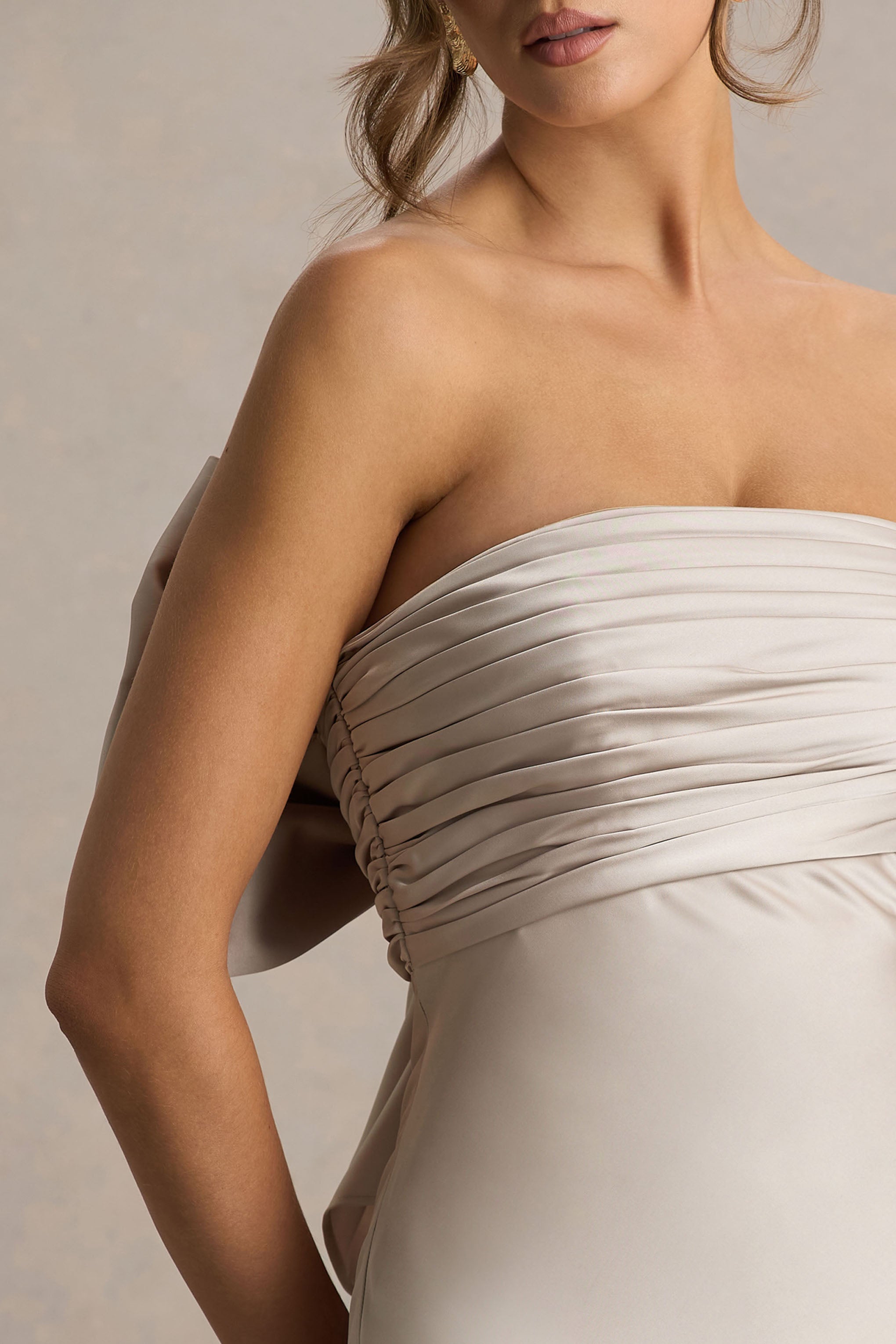 Talulla | Champagne Satin Bandeau Maxi Dress With Ruffled Detail