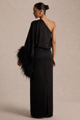 Felicity | Black Satin Asymmetric-Neck Maxi Dress With Feather Detailing