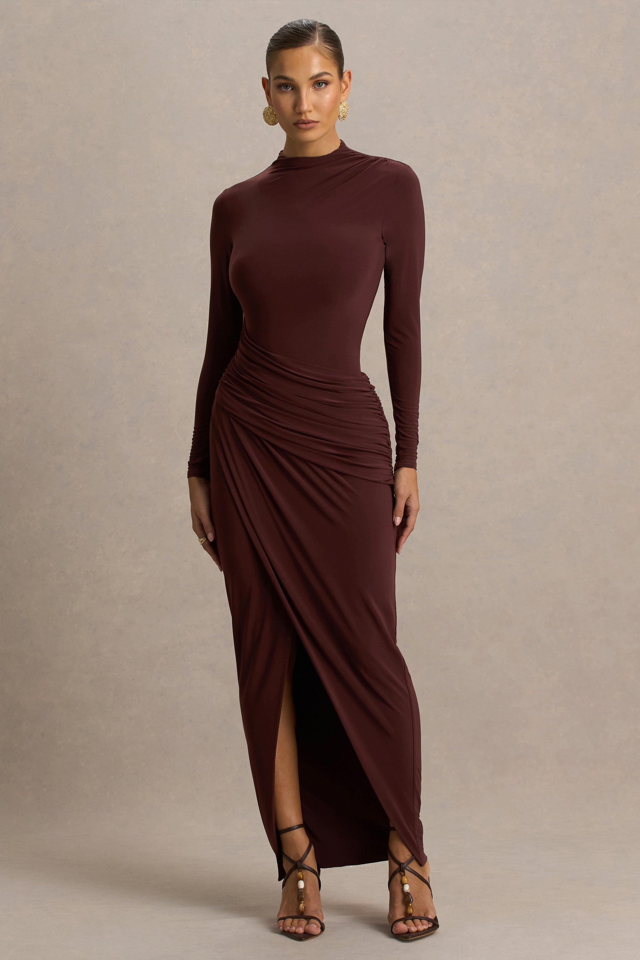 Zephyra | Brown High-Neck Wrapped Maxi Dress