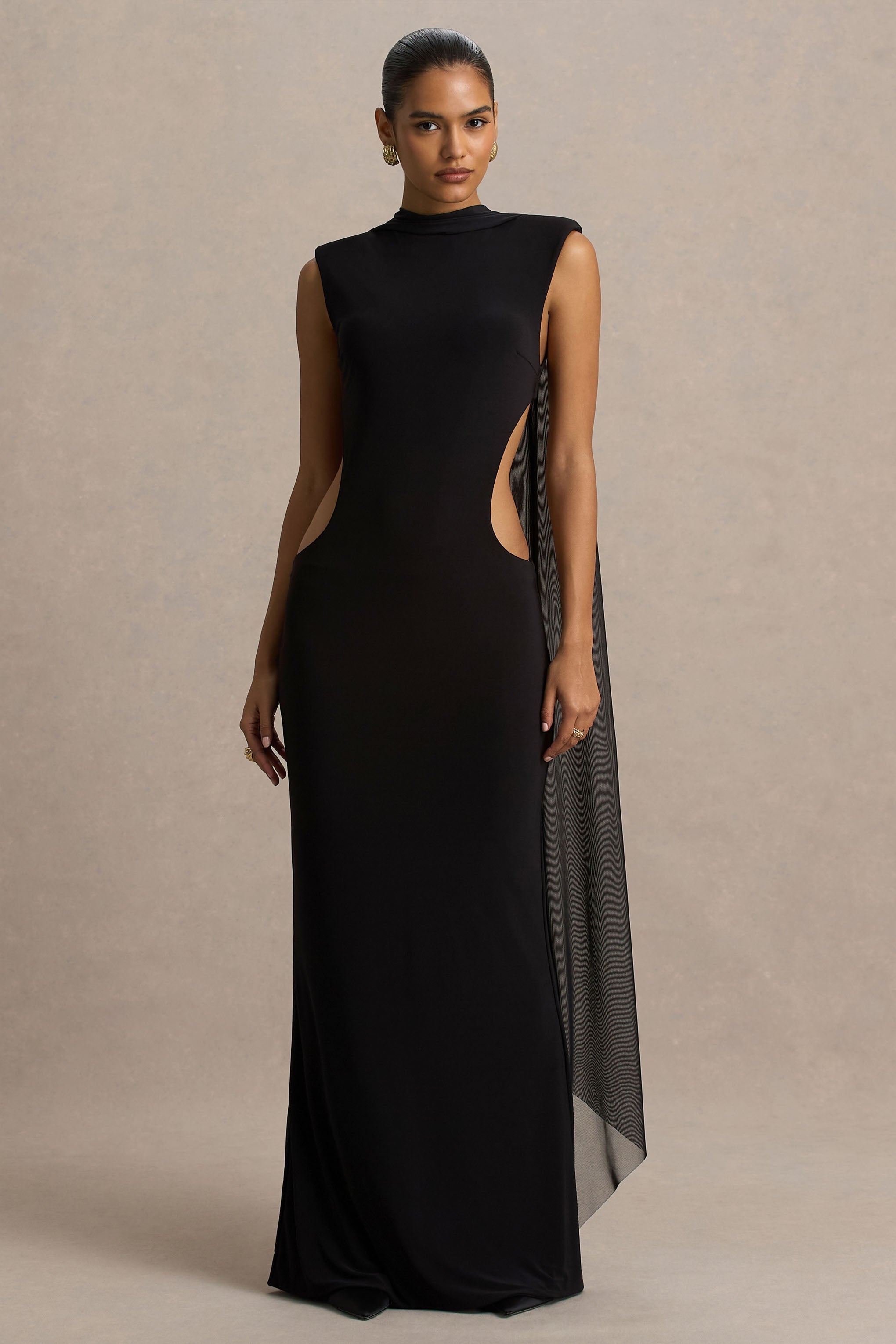 Katara | Black High-Neck Maxi Dress With Body Cut-Out Details