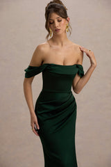 Annie | Bottle Green Satin Bardot Maxi Dress With Split Wrap Skirt