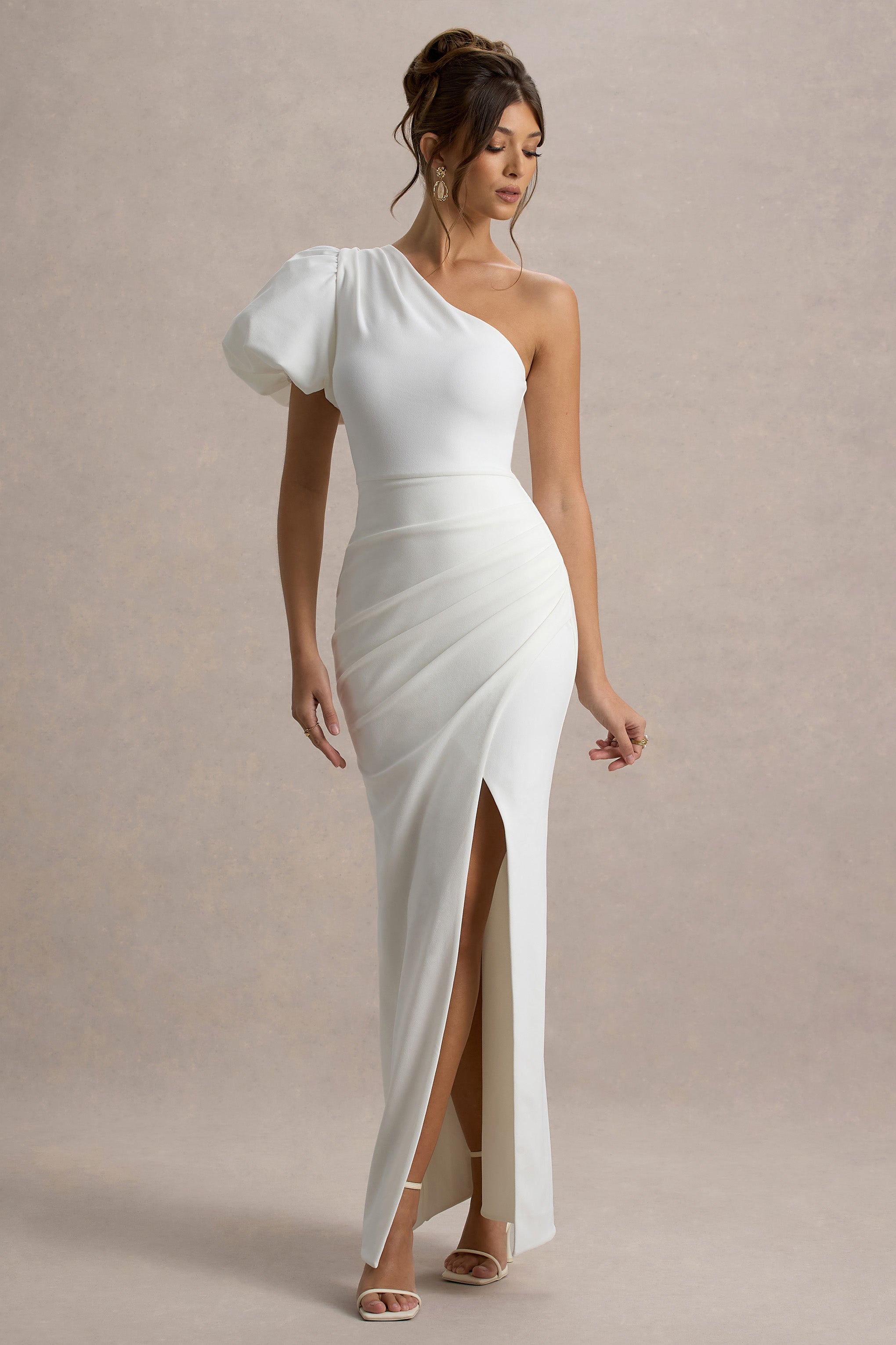 Vittoria | White Asymmetric Puff-Sleeve Split Maxi Dress