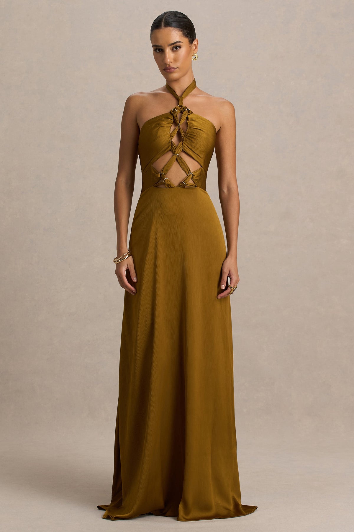 Aleera | Olive Chiffon Halter-Neck Maxi Dress With Cut-Out Detail