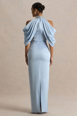Sulliana | Powder Blue Satin High-Neck Maxi Dress With Embellished Detail And Cape Sleeves