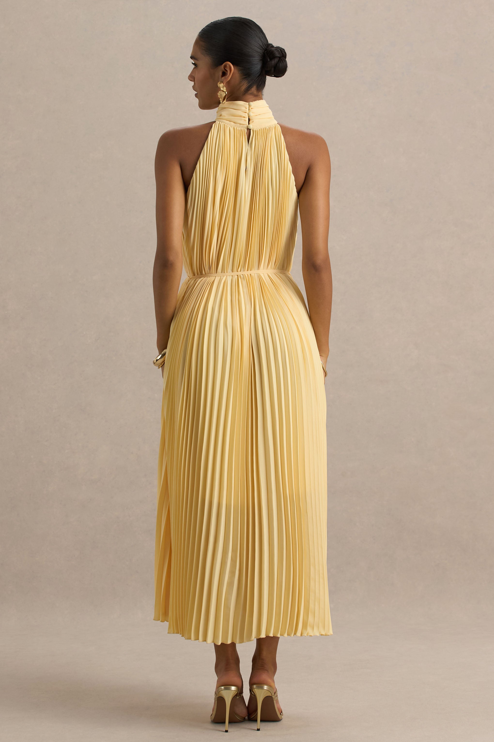 Tulip | Lemon Pleated High-Neck Midi Dress