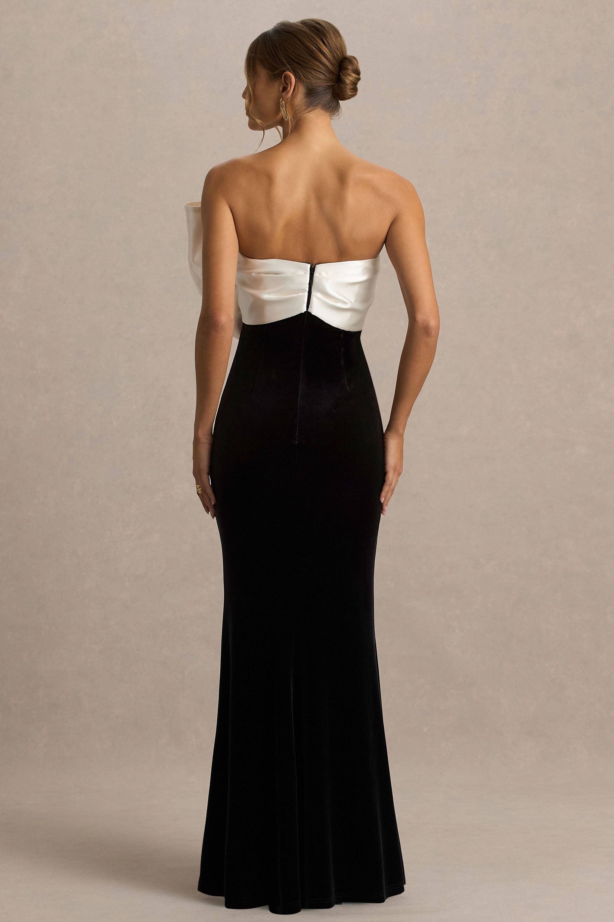 Divulge | Black And White Velvet Asymmetric-Neck Maxi Dress With Bow Detail