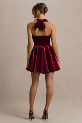 Mirage | Burgundy Velvet Halter-Neck Mini Dress With Skater-Skirt