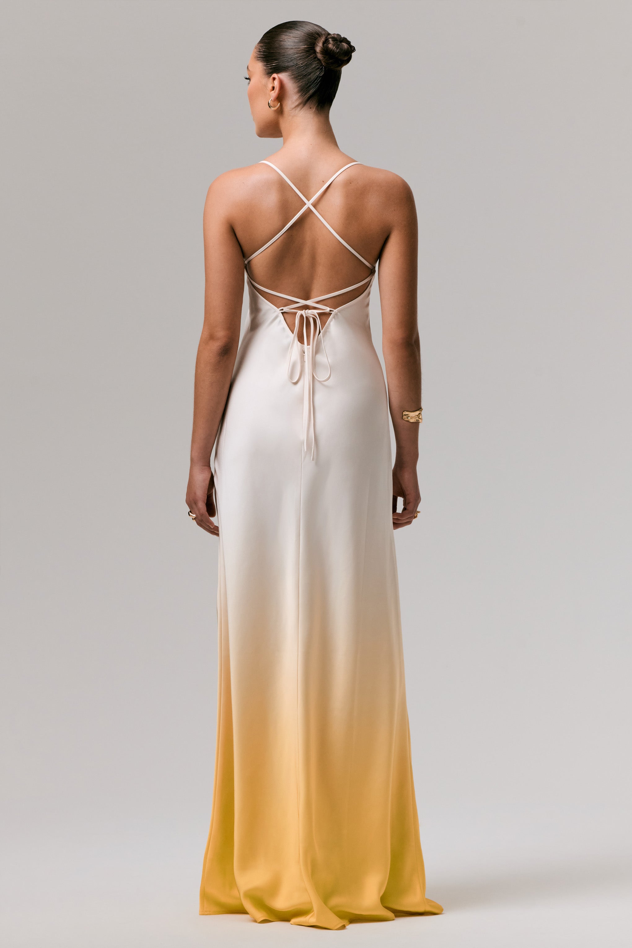 Lucie | Yellow Ombre Satin Cowl-Neck Maxi Dress