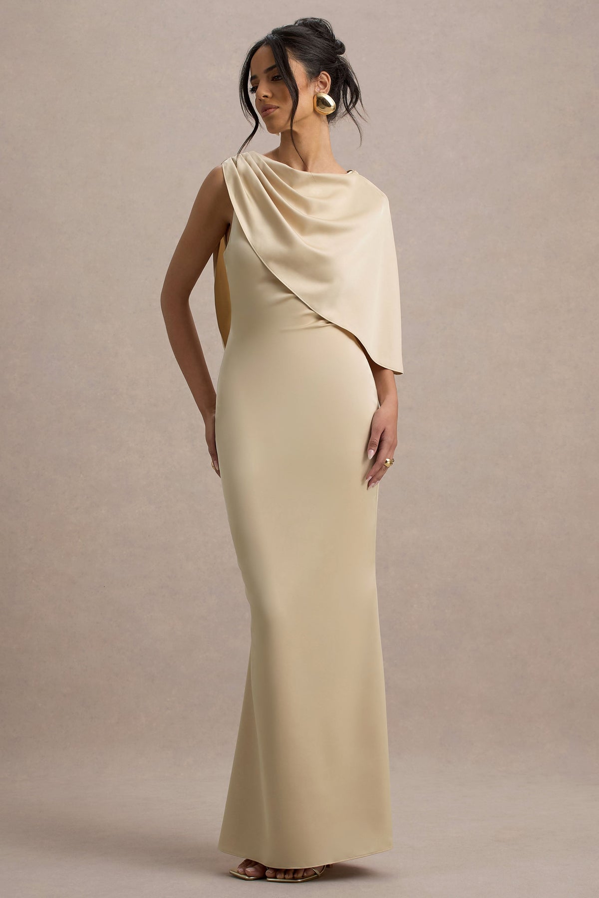 Ambra | Champagne Satin One-Shoulder Cape Maxi Dress