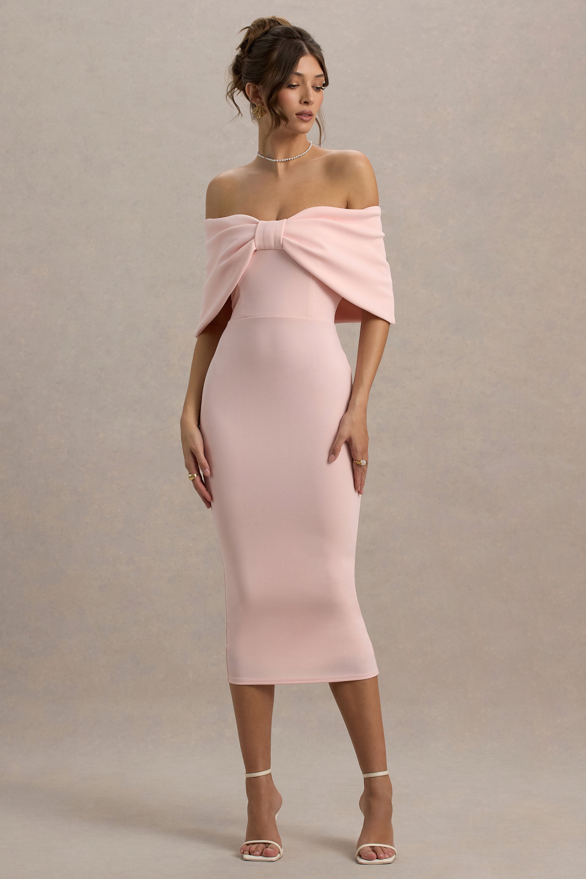 Bayshore | Pink Bow Bardot Midi Dress
