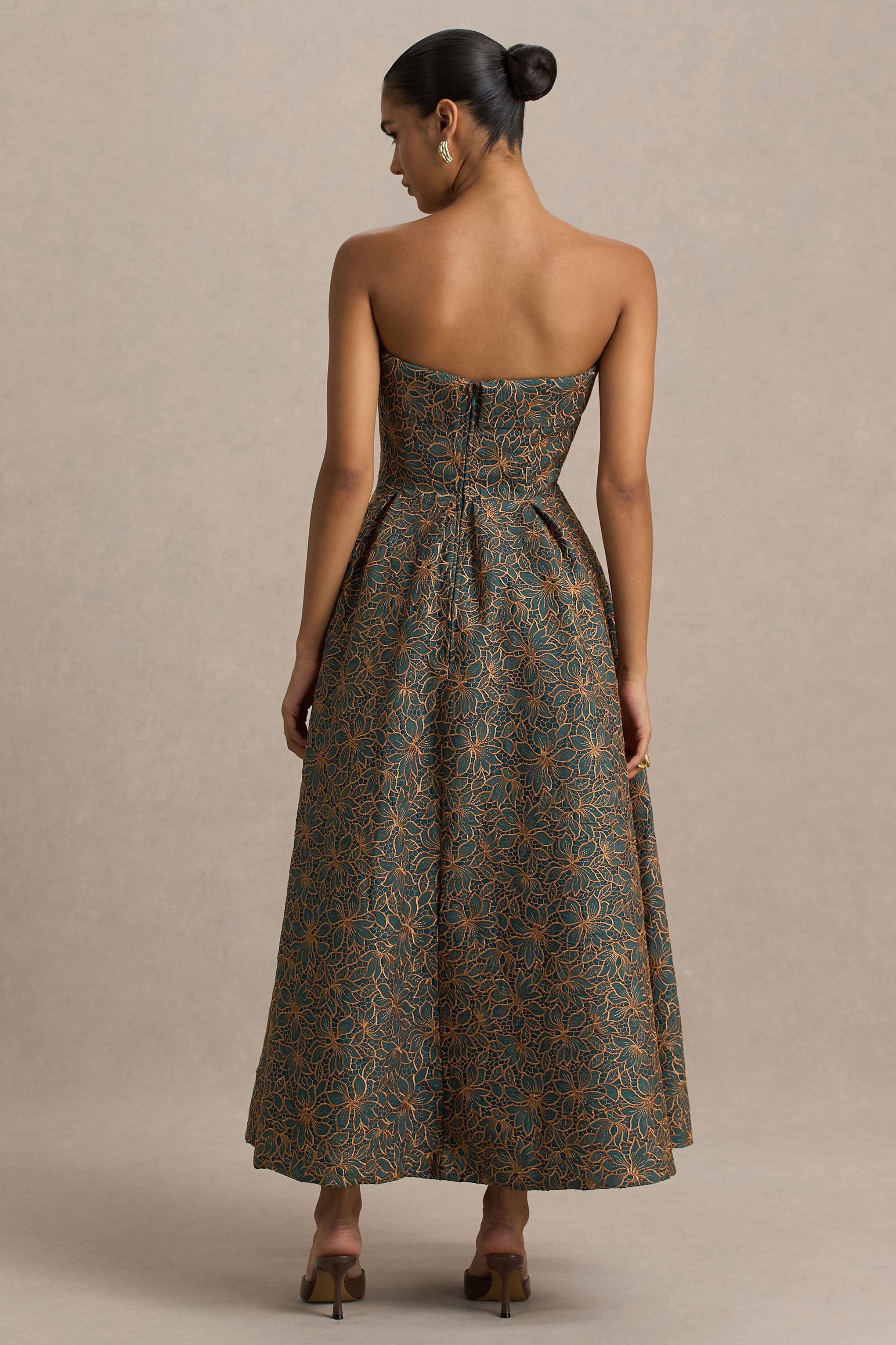 Loretta | Dark Green And Rust Embroidered Bandeau Midi Dress
