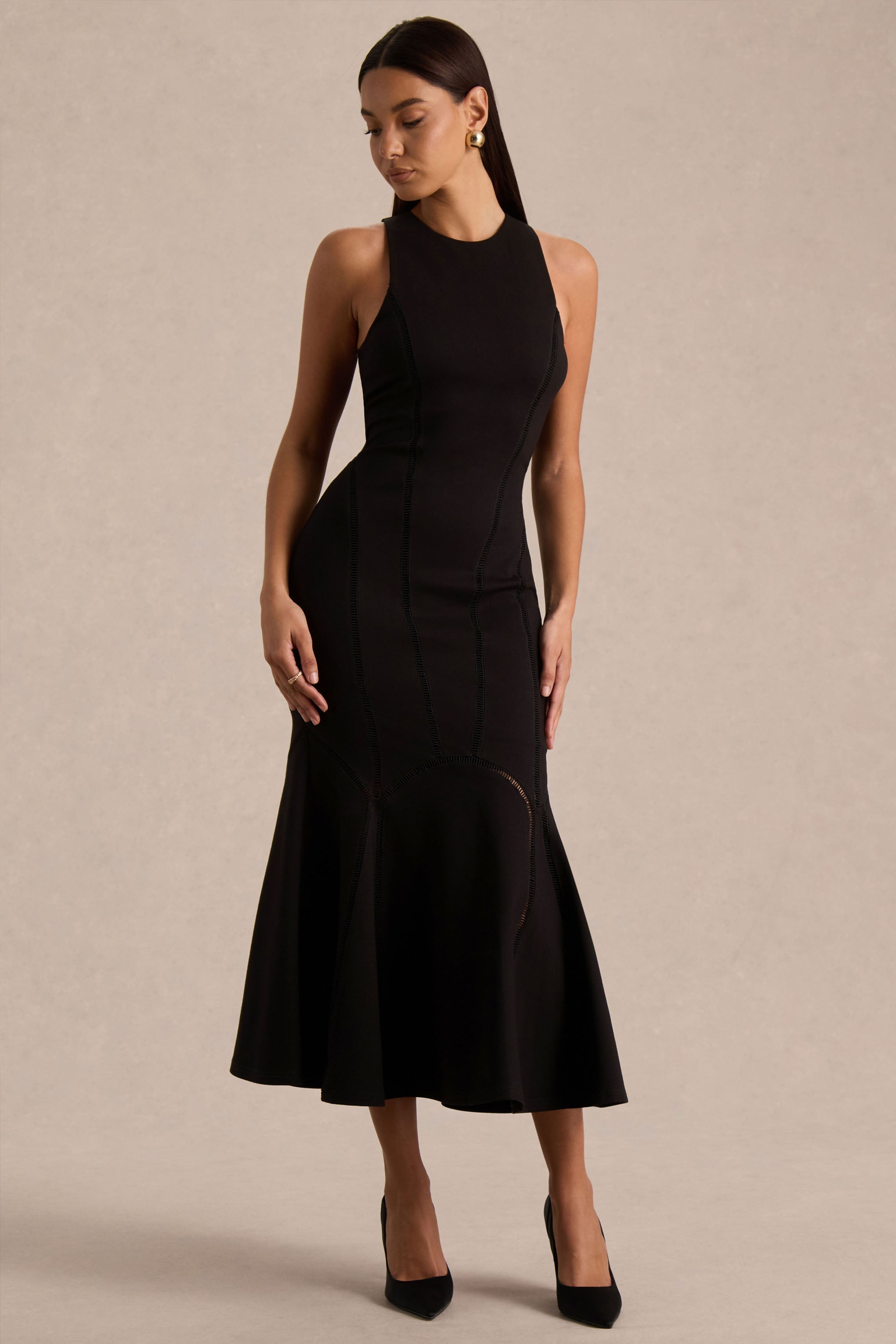 Sally | Black Crew-Neck Midi Dress With Drop Waist And Pleated Detailing