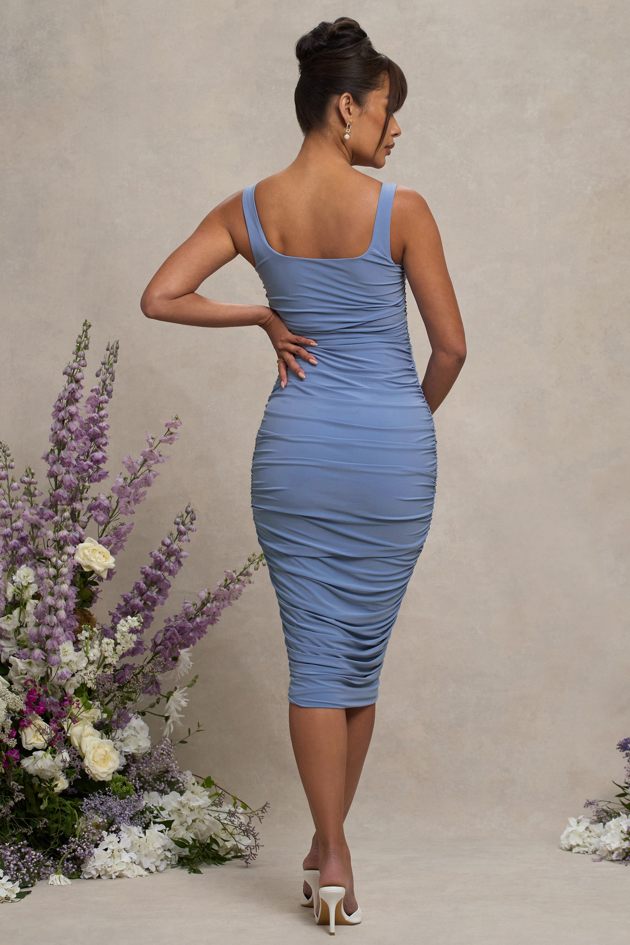 Lisbon | Powder Blue Maternity Square Neck Ruched Midi Dress