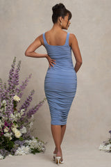 Lisbon | Powder Blue Maternity Square Neck Ruched Midi Dress