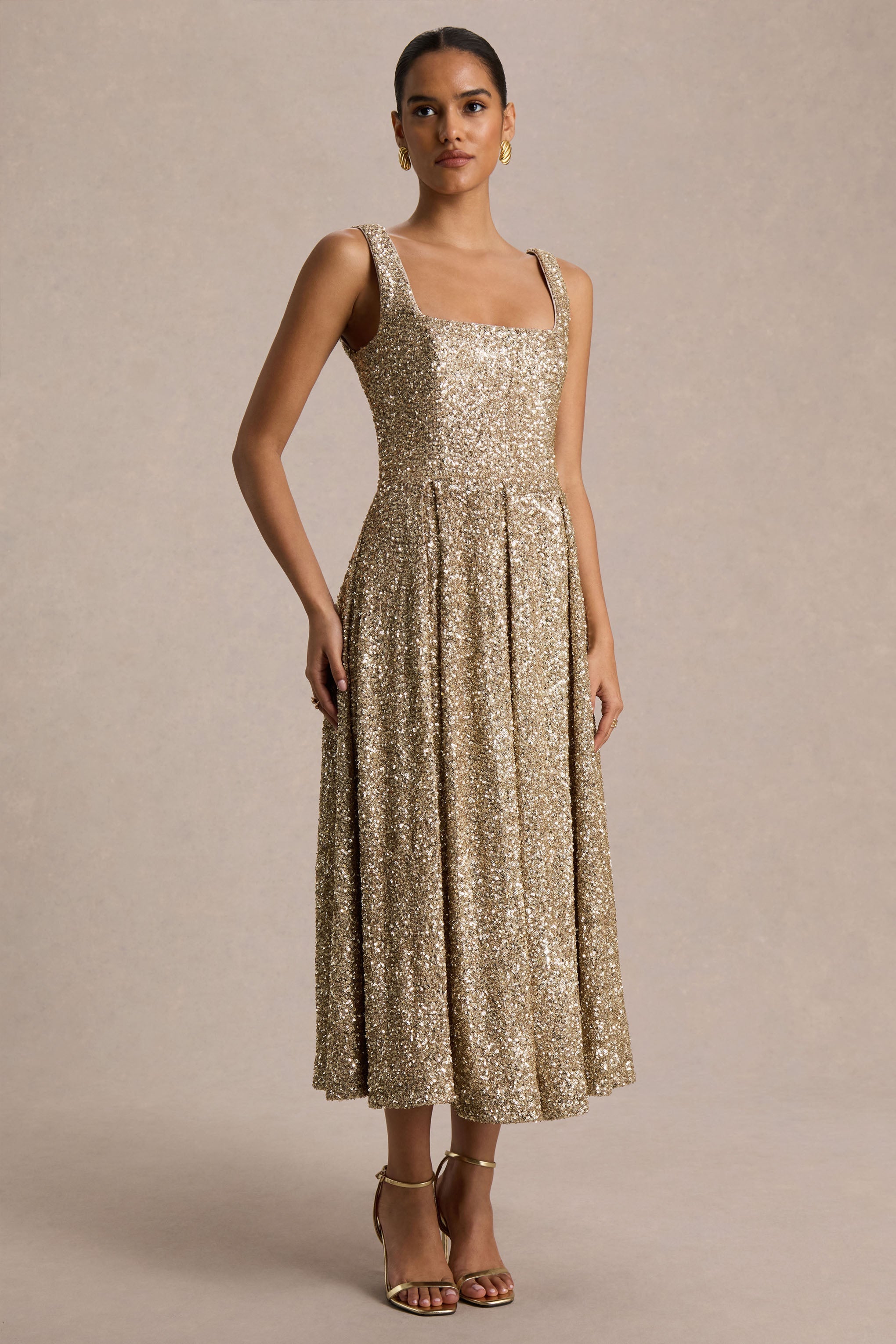 Lima | Champagne Sequin Square-Neck A-Line Midi Dress