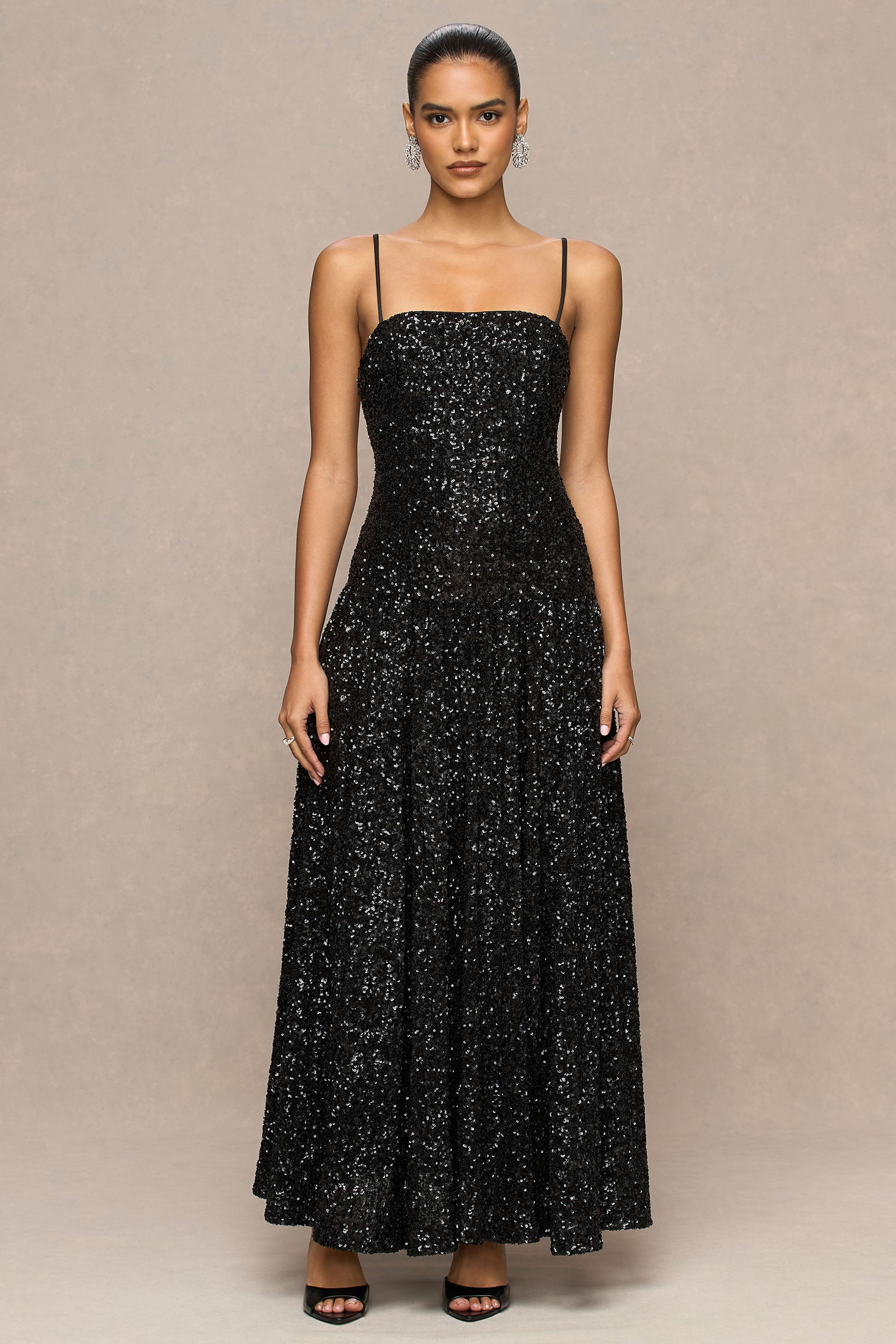 Allora | Black Sequin Square-Neck Maxi Dress With Pleated Skirt