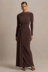 Virelle | Brown Boat-Neck Maxi Dress With Wrap Detail And Sash